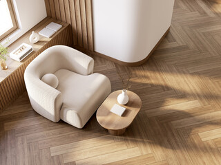 MInimal and warm living room interior with Serene top view with Natural Light, wooden floors, and an armchair against warm white walls.3d render