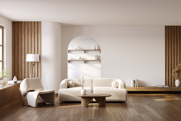 A minimalist room interior .armchair and sofa with round wooden table. Soft natural light casts gentle shadows,wooden flooring with  white wall .3d render