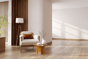MInimal and warm living room interior with Serene Corner with Natural Light, wooden floors, and an armchair against warm white walls.3d render