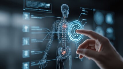 Human Skeleton Scan with Finger Touching Digital Interface Screen