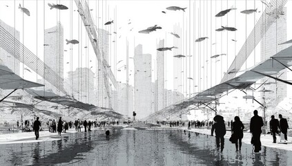 Cityscape park, suspended fish, urban design, future concept