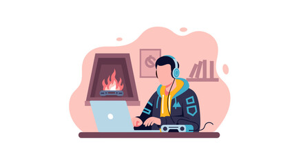 Person working from home at a laptop with headphones on, cozy winter scene for blog or website.