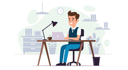 Happy businessman working on laptop in modern office - perfect for website landing page or brochure.