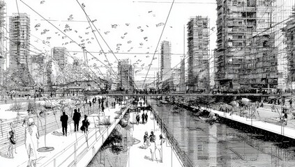 Fototapeta premium Urban Canal Regeneration Cityscape Sketch