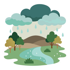 Rainy Landscape with Clouds and Puddles - Vector Isolated