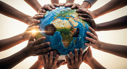 Diverse hands uniting to hold a globe, symbolizing global unity and teamwork for a sustainable future
