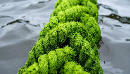 Vibrant green rope contrasts with the serene expanse of water, creating textural interest and depth