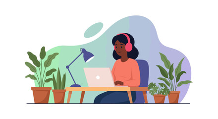 Young Black woman working from home on laptop, wearing headphones. Perfect for websites, blogs, and articles about remote work, freelance, or productivity.