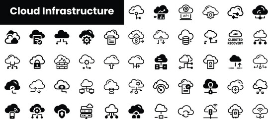 A diverse collection of cloud infrastructure icons, showcasing various elements such as data storage, connectivity, and services in a modern, minimalistic style.