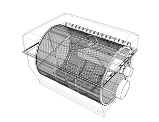 Industrial Rotary Drum Filter Wireframe - Essential Technical Drawing for Water Purification and Wastewater Management. Clean Technology Filtration Unit and Screening Equipment Engineering Schematic.