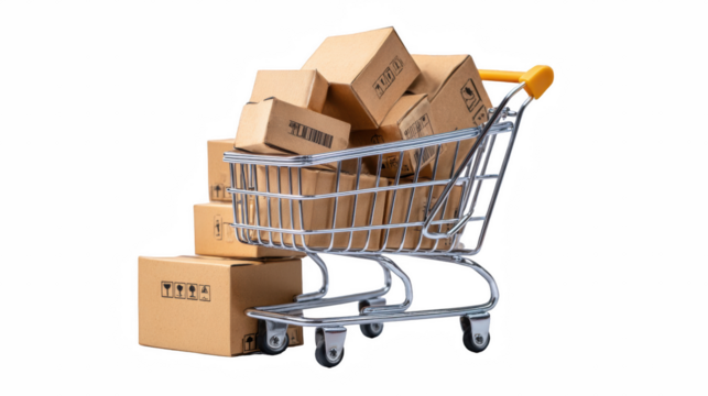 A shopping cart filled with brown cardboard boxes and a stack of boxes next to it isolated