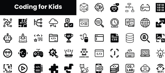 A playful collection of black and white icons related to coding for kids, featuring robots, computers, and playful symbols that inspire digital learning.