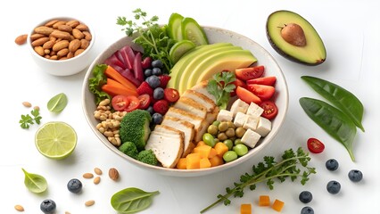 Vibrant and healthy buddha bowl with grilled chicken avocado berries and fresh vegetables