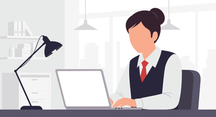 Fototapeta premium Businesswoman working on laptop in modern office - perfect for website banners or presentations.