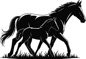 Majestic horse and foal walking in grass mare colt