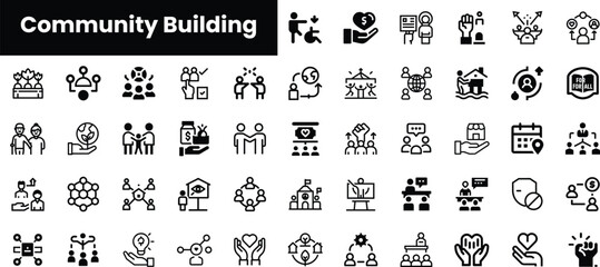 A collection of community building icons representing diverse activities such as support, collaboration, and growth, ideal for illustrating social initiatives.