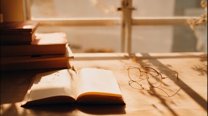 Open book and eyeglasses on a wooden surface, bathed in warm sunlight.