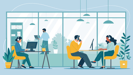 Modern office workers collaborating, ideal for websites and brochures promoting teamwork and communication.