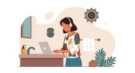 Woman working on laptop in bathroom, modern lifestyle illustration for blog, website or social media.