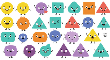 A grid of colorful vector images on a website show cartoon geometric shapes with expressive faces. 