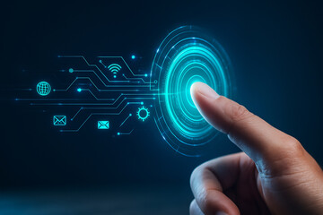 AI generated ultra realistic image of human finger touching glowing holographic circle with digital circuit lines and futuristic icons representing smart technology connectivity and automation