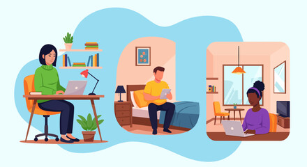 Remote Work Illustration: Diverse People Working From Home on Laptops and Tablets - Perfect for Blogs, Websites, and Presentations