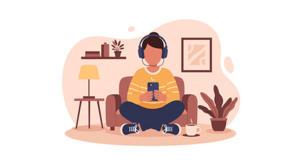 Person relaxing at home with headphones and smartphone, perfect for blog posts about relaxation or technology.