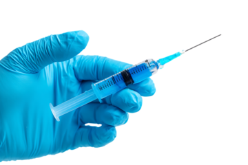Gloved hand holds syringe with blue liquid.