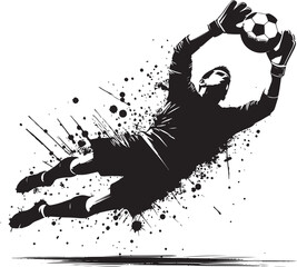 Artistic depiction of a diving soccer goalkeeper in monochrome with splattered ink elements, highlighting agility and motion.