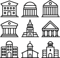 Fototapeta premium Classic Building Icons: Nine Line Art Architectural Illustrations, Simple Style, Modern Design.
