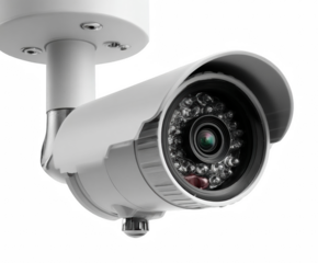 A close up shot of a white security camera mounted on a ceiling against black background