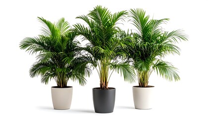 Fototapeta premium Three vibrant areca palm plants in pots against a pristine white background