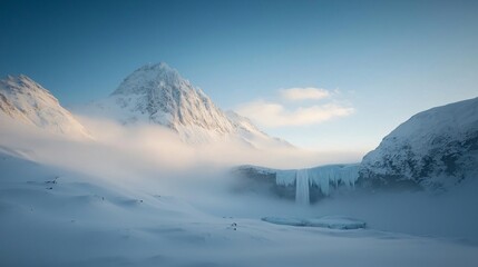 Fototapeta premium Dramatic long exposure view of glacier waterfall in majestic mountain landscape nature photography serene environment