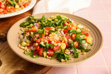 Plate with delicious tabbouleh salad on pink tile background, closeup