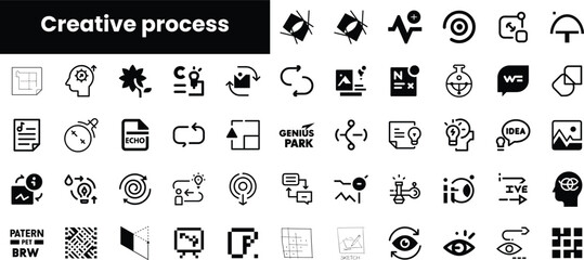 A collection of minimalist black and white icons representing various stages of the creative process, including brainstorming, flowcharts, and idea generation.
