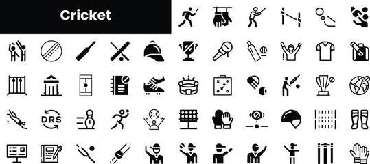 An extensive collection of cricket icons showcasing players, equipment, and gameplay elements, perfect for sports-related projects and designs.