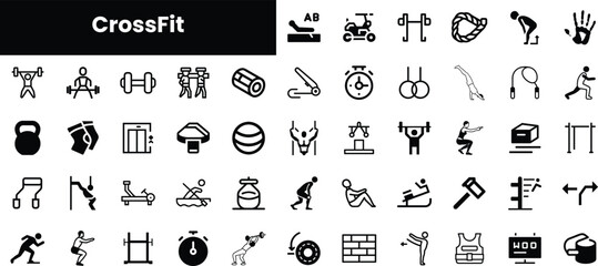 A collection of diverse CrossFit exercise icons representing various workouts and fitness activities, showcasing strength, endurance, and versatility in training.