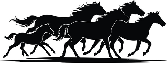 Black horses running wild silhouette herd