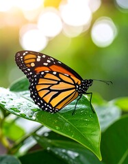 Obraz premium Monarch butterfly perched on a dew-kissed leaf, bathed in soft sunlight
