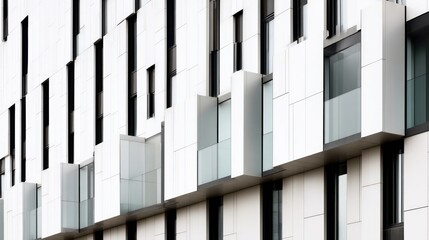 Fototapeta premium Modern building facade with rectangular panels, small balconies, and symmetrical linear design