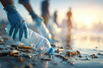 People in blue gloves picking up plastic bottles on a beach
