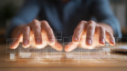 Data processing with glowing hands and digital blocks, technology concept