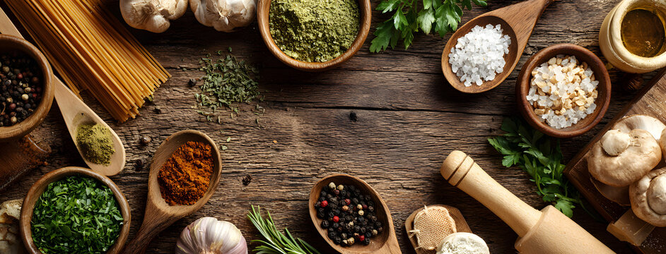 Organic vegetarian ingredients and kitchen tools. Healthy, clean food and eating concept. Top view. Copy space. Ingredients for cooking on wooden table. Vegan diet concept with copyspace. Zero waste - Powered by Adobe