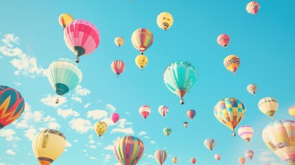 Whimsical sky filled with vividly colored hot air balloons in dreamy pastel