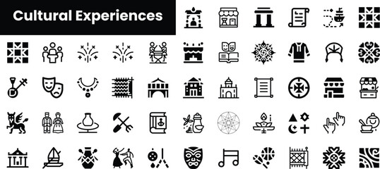 A diverse collection of cultural experience icons, showcasing various traditions, arts, and crafts that highlight the richness of global heritage.