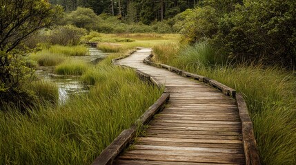 Obraz premium Wooden boardwalk stretches across swamp in natural setting. Nature trail ad