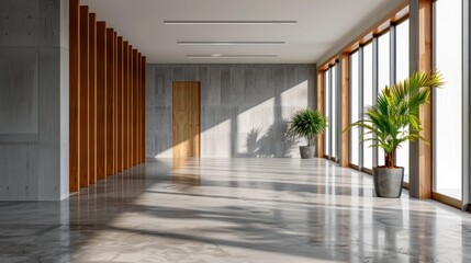 Obraz premium Contemporary lobby area with polished marble flooring and natural light filtration