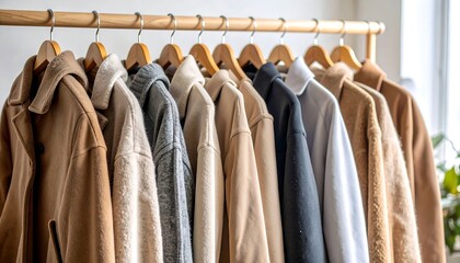 Neutral-toned coats and sweaters hang neatly on a wooden rack