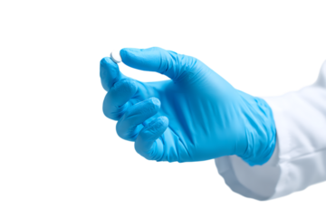 Gloved hand holds a single pill.