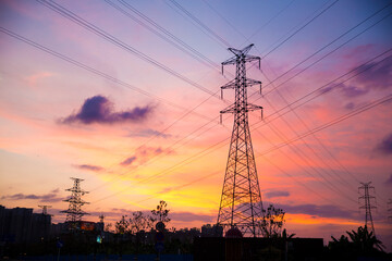city skyline at sunset with colorful evening glow over urban landscape